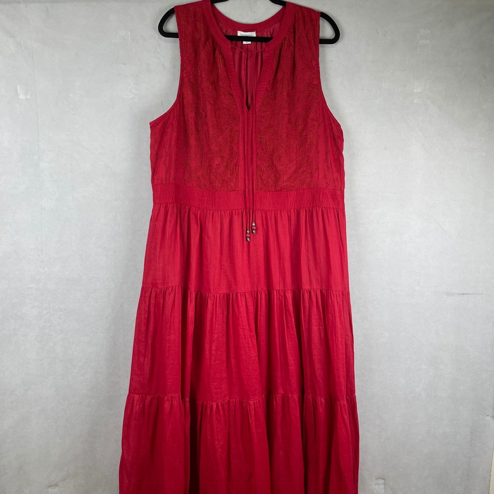 Sundance Red Ramie Embroidered Tiered Maxi Dress XL Sleeveless Boho Split Neck